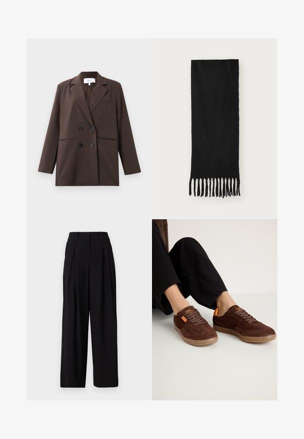 Brun tvei knaps blazer med svarte knapper, spisse revers, lange ermer og tre frontlommer, lagt flatt på en hvit bakgrunn.; Brun uten ermer topp laget av myk stoff, med sammenfoldede skuldre og side-ruched detaljer, sømløs hals og tettsittende silhuett.; Svarte vide bukser laget av glatt stoff, med høy midje, folder foran og en flytende silhuett.; Brune semskesko med rund tå, teksturert overdel og oransje detaljer. Har flate lisser og gummisåle.; Svart skjerf laget av myk stoff med en jevn tekstur, med knyttede frynseender og rektangulær form.; Sett med tolv hoop øredobber i sølv- og gulltoner. Inkluderer vridde, glatte og teksturerte design med ulike størrelser og overflater.