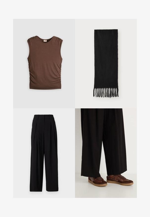 Blazer castanho de dois botões com botões pretos, lapelas em bico, mangas longas e três bolsos frontais, dispostos sobre um fundo branco.; Top castanho sem mangas, feito de um tecido suave, com ombros franzidos e detalhes franzidos nas laterais, gola sem costura e silhueta ajustada.; Calças largas pretas feitas de um tecido suave, com uma cintura alta, pregas na frente e uma silhueta fluida.; Sapatilhas castanhas com um design de materiais mistos, incluindo camurça e detalhes em padrão de pele de cobra, biqueira redonda, fecho com atacadores e solas de borracha texturizadas.; Cachecol preto feito de tecido macio com uma textura suave, apresentando extremidades com franjas atadas e uma forma retangular.; Conjunto de doze brincos de argola em tons de prata e ouro. Inclui designs torcidos, lisos e texturizados com vários tamanhos e acabamentos.