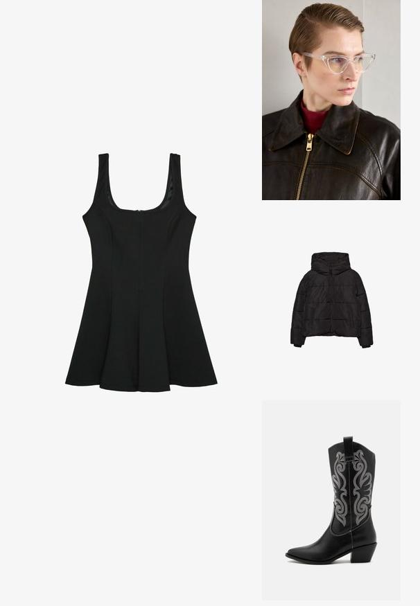 Svart puffjacka med framzipper, två sidofickor, långa ärmar och en stor huva.; Svart ärmlös klänning med rundad halsringning. Utsvängd A-linjeform, tillverkad av slätt tyg, med en dold dragkedja baktill.; Svarta lädercowboykängor med spetsig tå, midikalvhöjd, med silverkomplicerad broderi och en staplad klack.; Klart acetat cat-eye glasögon med gult tonade linser, bar av en person i en mörk läderjacka och röd polotröja. Slät yta.