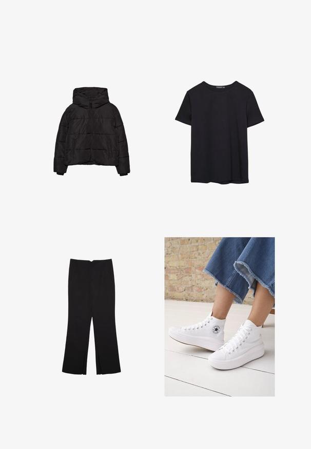 Czarna kurtka puchowa z zamkiem z przodu, dwiema bocznymi kieszeniami, długimi rękawami i dużym kapturem.; Prosta, krótko rękawowa czarna koszulka bawełniana z okrągłym dekoltem, prezentowana na białym tle.; Czarne spodnie o prostym kroju, z przednimi kieszeniami i bocznymi rozcięciami na dole. Wykonane z miękkiego, gładkiego materiału. Odpowiednie na różne okazje.; Białe sneakersy za kostkę, wykonane z płótna, z gumową podeszwą, wyposażone w srebrne oczka, okrągłą naszywkę z logo oraz teksturowaną podeszwę platformową.