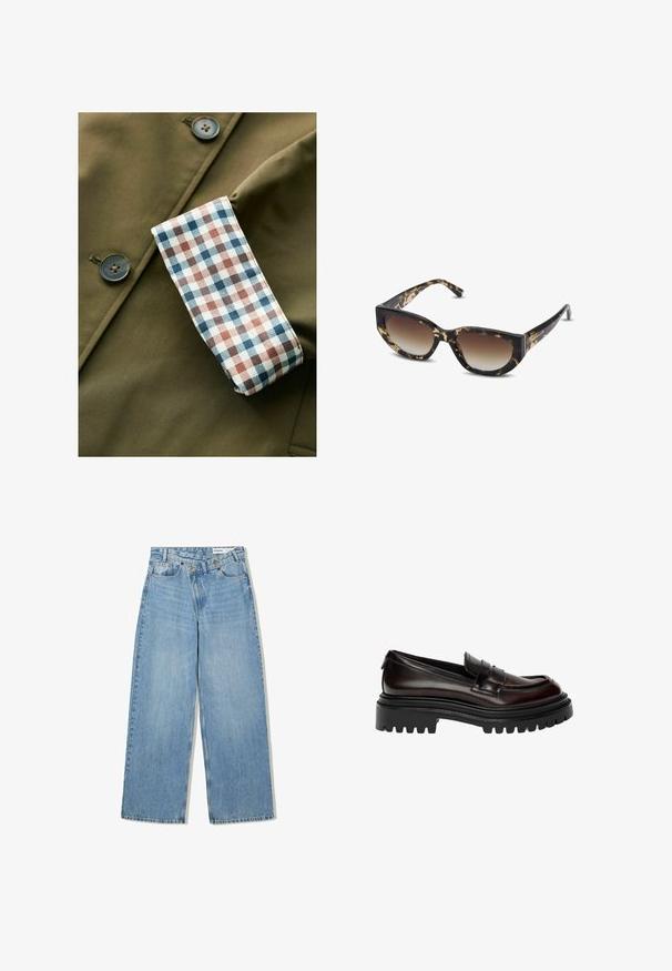 Giacca verde oliva con finitura texture, con polsini a scacchi in bianco, blu e ruggine. I bottoni sono in plastica marrone.; Maglione a collo alto marrone in morbido tessuto, con un design aderente, collo e polsini a coste e orlo leggermente accorciato.; Jeans azzurri a gamba larga realizzati in denim, con vita alta, cinque tasche, chiusura a bottone e una leggera scoloritura per aggiungere texture.; Mocassino in pelle lucida marrone scuro con suola nera spessa e design classico con fascia a penny.; Occhiali da sole tartaruga marroni e neri con forma a gatto angolare, lenti sfumate e montatura spessa. Logo stampato sulle aste.; Borsa a spalla marrone imbottita con una forma curvata, dotata di chiusura con cerniera e tracolla regolabile per diverse opzioni di trasporto.