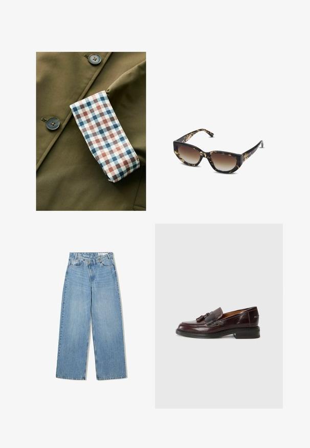Olijfgroene jas met een gestructureerde afwerking, voorzien van een geruite manchette in wit, blauw en roestkleur. Knopen zijn van bruin plastic.; Een bruine coltrui van zachte stof, met een aansluitend ontwerp, geribbelde kraag en manchetten, en een iets cropped zoom.; Lichtblauwe wijde jeans van denim, met een hoge taille, vijf zakken, knoopsluiting en subtiele vervaging voor textuur.; Bruine leren loafers met een kwastaccent, ronde neus, lage blokhak en een gestructureerde zool. Glad afwerkt met subtiele stikdetails.; Bruine en zwarte schildpadzonnebril met een hoekige cat-eye vorm, gradient lenzen en een dikke montuur. Logo gedrukt op de veren.; Bruine, gewatteerde schoudertas met een gebogen vorm, voorzien van een ritssluiting en een verstelbare schouderband voor veelzijdige draagmogelijkheden.