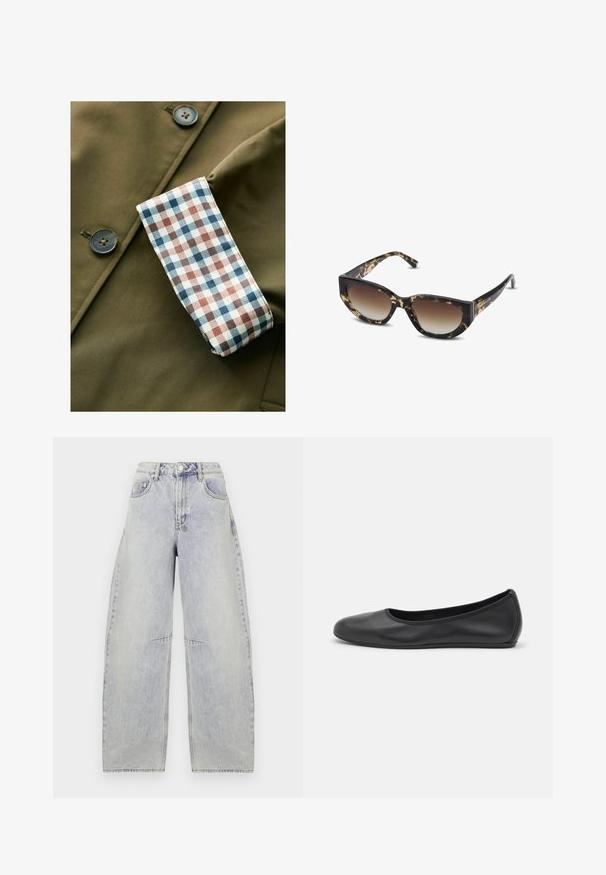 Olivově zelená bunda s texturovaným povrchem, s kostkovaným manžetou v bílých, modrých a rsteilových barvách. Knoflíky jsou z hnědého plastu.; Hnědý rolák vyrobený z měkkého materiálu, s přiléhavým střihem, žebrovaným límcem a manžetami, a mírně zkráceným lemem.; Světle modré volné džíny s vysokým pasem, širokými nohavicemi, vybledlou texturou a viditelnými švy. Obsahují přední kapsy a zapínání na knoflík.; Černé kožené baletní byty s kulatou špičkou, hladkou texturou, minimálními švy a flexibilním designem podrážky.; Hnědé a černé želvovinové sluneční brýle s ostrým kočičím okem, gradientními čočkami a silným rámem. Logo vytištěné na spáncích.; Hnědá, polstrovaná taška na rameno s zakřiveným tvarem, která má zipové uzavření a nastavitelné rameno pro variabilní možnosti nošení.