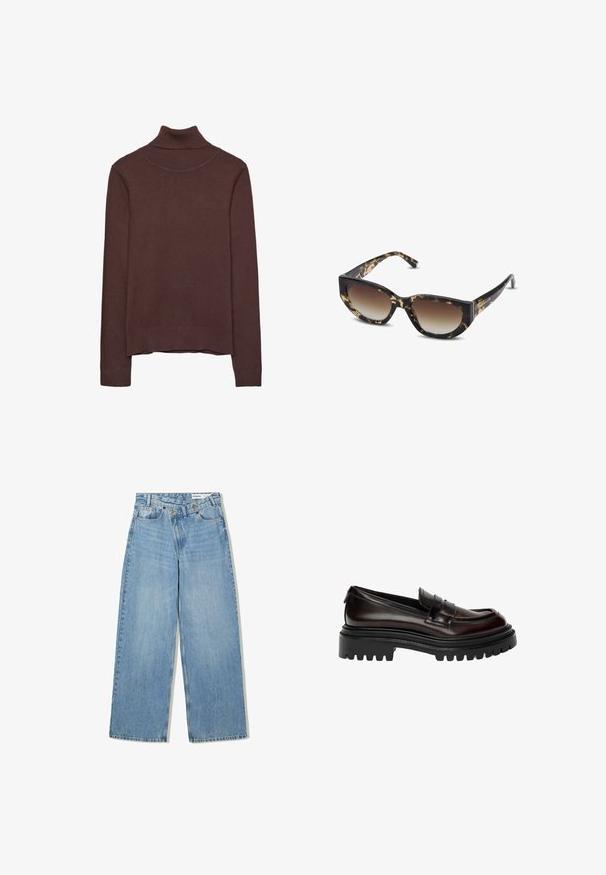 Veste vert olive avec une finition texturée, dotée d'un poignet à carreaux blancs, bleus et rouille. Les boutons sont en plastique brun.; Pull en col roulé marron en tissu doux, avec une coupe ajustée, un col et des poignets côtelés, et un ourlet légèrement cropped.; Jean large bleu clair en denim, avec taille haute, cinq poches, fermeture à bouton et un léger délavage pour la texture.; Mocassin en cuir verni marron foncé avec une semelle crantée noire épaisse et un design classique de bandeau.; Lunettes de soleil en écaille de tortue marron et noire avec une forme cat-eye angulaire, verres dégradés et épais monture. Logo imprimé sur les branches.; Sac à épaule marron rembourré, de forme courbée, avec une fermeture éclair et une sangle ajustable pour des options de port polyvalentes.