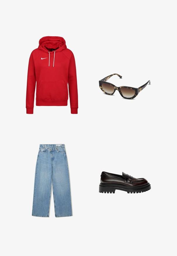 Olivgrüne Jacke mit strukturierter Oberfläche, mit einem karierten Bündchen in Weiß, Blau und Rostfarben. Die Knöpfe sind aus braunem Kunststoff.; Roter Nike-Hoodie mit einer vorderen Kängurutasche, weißen Kordeln und einem kleinen weißen Logo auf der linken Brust. Weiches Baumwollmaterial und gerippte Bündchen.; Hellblaue weite Jeans aus Denim, mit hoher Taille, fünf Taschen, Knopfverschluss und dezentem Verblassen für Textur.; Dunkelbrauner, polierter Lederloafer mit robustem, schwarzem Profilsohle und klassischem Penny-Riemen-Design.; Braun und schwarze Schildpatt-Sonnenbrille mit angularer Cat-Eye-Form, verlaufenden Gläsern und dickem Rahmen. Logo auf den Bügeln gedruckt.; Braune, gepolsterte Schultertasche mit geschwungener Form, ausgestattet mit einem Reißverschluss und einem verstellbaren Gurt für vielseitige Trageoptionen.