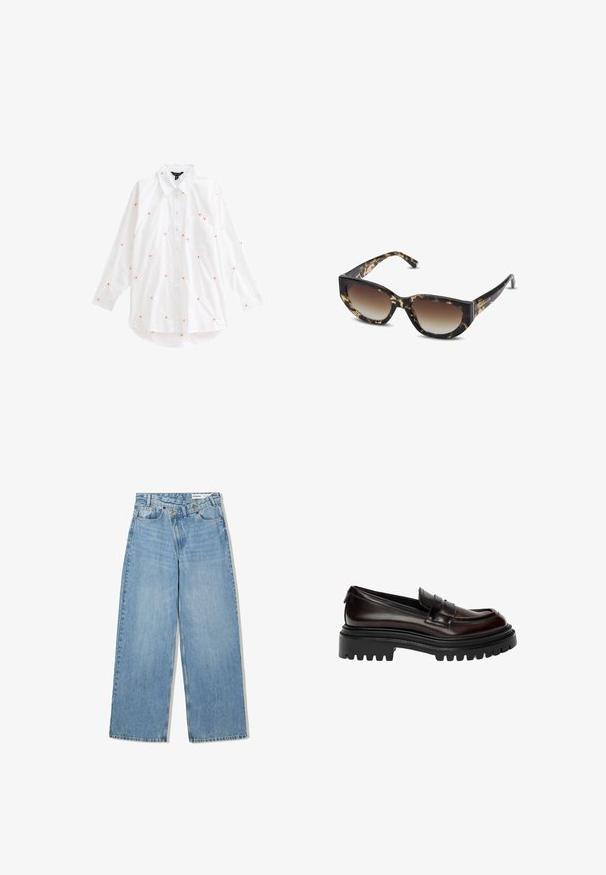 Kurtka w oliwkowym kolorze z teksturowanym wykończeniem, z kratkowanym mankietem w kolorach białym, niebieskim i rdzawego. Guziki są plastikowe w brązowym kolorze.; New Look - Bluzka; Jasnoniebieskie dżinsy w szerokim kroju, wykonane z denimu, z podwyższonym stanem, pięcioma kieszeniami, zapięciem na guzik i subtelnym wyblaknięciem dla uzyskania tekstury.; Ciemnobrązowe, wypolerowane skórzane mokasyny z masywną czarną podeszwą lug i klasycznym paskiem penny.; Brązowe i czarne okulary przeciwsłoneczne w kształcie kota z kątami, z gradientowymi soczewkami i grubą oprawką. Logo wydrukowane na zausznikach.; Brązowa, wyściełana torba na ramię o zaokrąglonym kształcie, z zamkiem błyskawicznym i regulowanym paskiem, oferująca różne opcje noszenia.