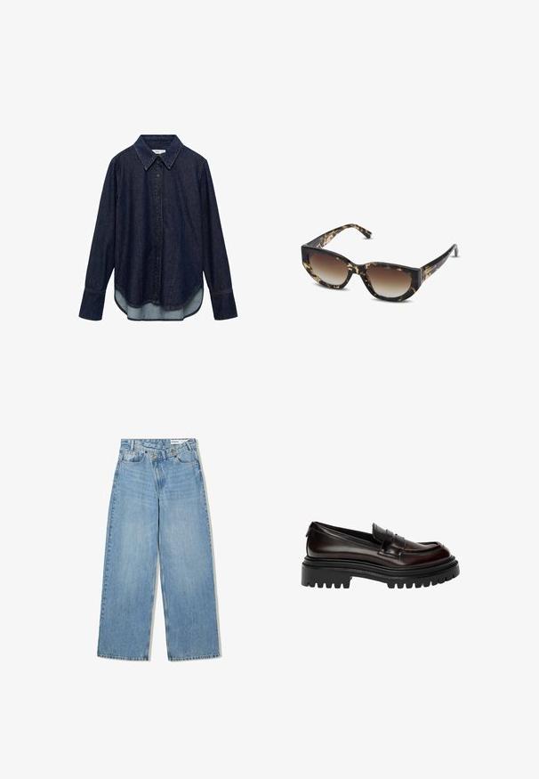 Oliiviv roheline jakk, millel on tekstureeritud viimistlus, ja ruudulised mansetid valge, sinise ja rooste värviga. Nuppudeks on pruun plastik.; Tumma farkkupaita, jossa on pitkät hihat, terävä kaulus ja nappilista edessä. Siinä on kaareva helma ja kontrastoiva vaaleampi kangas alla.; Vaaleansiniset leveälahkeat farkut, joissa on korkea vyötärö, viisi taskua, nappikiinnitys ja hienovarainen kuluminen tekstuurin lisäämiseksi.; Tummanruskea kiillotettu nahkaloaferi, jossa on massiivinen musta urasohva ja klassinen penny-nauha.; Ruskeija i crne naočale sa mačkastim oblikom, gradijentnim staklima i debelim okvirom. Logo je otisnut na sljepoočnicama.; Ruskea, pehmustettu olkalaukku, jossa on kaareva muotoilu, varustettuna vetoketjulla ja säädettävällä hihnalla monipuolista kantamisvaihtoehtoa varten.