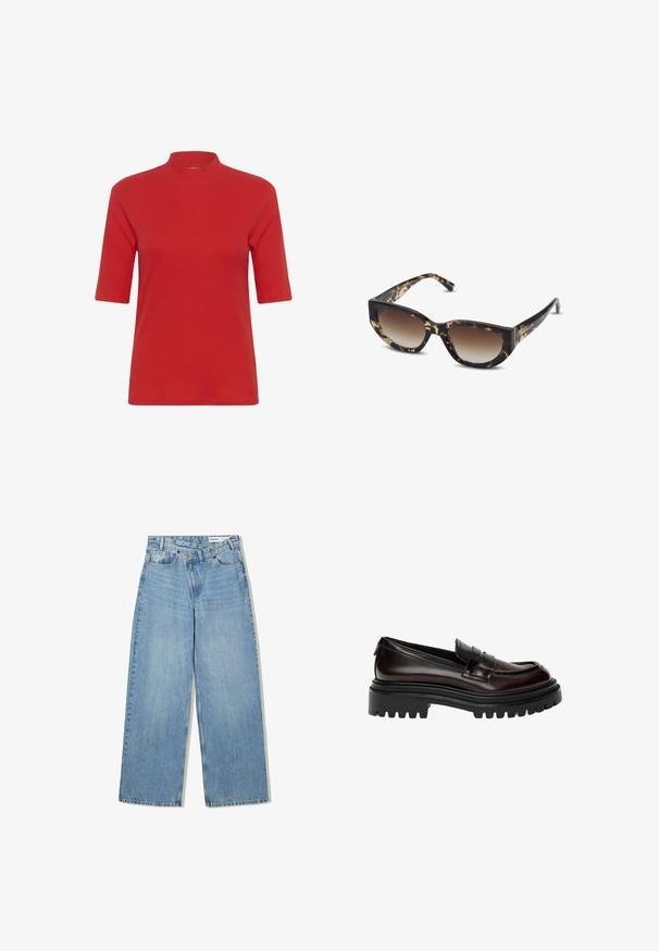 Kurtka w oliwkowym kolorze z teksturowanym wykończeniem, z kratkowanym mankietem w kolorach białym, niebieskim i rdzawego. Guziki są plastikowe w brązowym kolorze.; Czerwona, prążkowana bluzka t-shirt z wysokim stójką i krótkimi rękawami, o dopasowanym kroju i gładkiej fakturze.; Jasnoniebieskie dżinsy w szerokim kroju, wykonane z denimu, z podwyższonym stanem, pięcioma kieszeniami, zapięciem na guzik i subtelnym wyblaknięciem dla uzyskania tekstury.; Ciemnobrązowe, wypolerowane skórzane mokasyny z masywną czarną podeszwą lug i klasycznym paskiem penny.; Brązowe i czarne okulary przeciwsłoneczne w kształcie kota z kątami, z gradientowymi soczewkami i grubą oprawką. Logo wydrukowane na zausznikach.; Brązowa, wyściełana torba na ramię o zaokrąglonym kształcie, z zamkiem błyskawicznym i regulowanym paskiem, oferująca różne opcje noszenia.