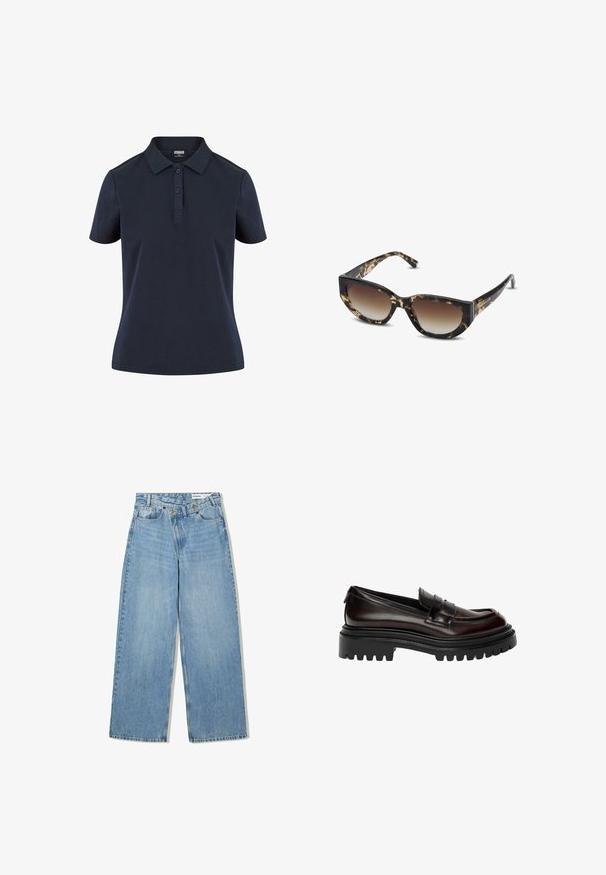 Olivově zelená bunda s texturovaným povrchem, s kostkovaným manžetou v bílých, modrých a rsteilových barvách. Knoflíky jsou z hnědého plastu.; Námořnická modrá polo košile vyrobená z měkké tkaniny, s klasickým límečkem, zapínáním na tři knoflíky a krátkými rukávy s volným střihem.; Světlé modré široké džínové kalhoty vyrobené z denimu, s vysokým pasem, pěti kapsami, knoflíkovým zapínáním a jemným vyblednutím pro texturu.; Tmavě hnědé lesklé kožené mokasíny s robustní černou podrážkou a klasickým designem s páskem na mince.; Hnědé a černé želvovinové sluneční brýle s ostrým kočičím okem, gradientními čočkami a silným rámem. Logo vytištěné na spáncích.; Hnědá, polstrovaná taška na rameno s zakřiveným tvarem, která má zipové uzavření a nastavitelné rameno pro variabilní možnosti nošení.