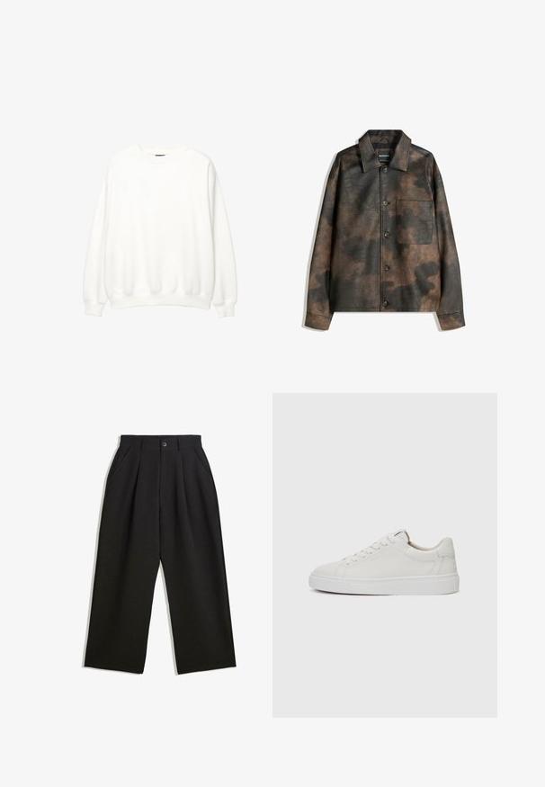 Brun och svart marmorering i konstläderjacka med knappar fram, bröstficka och utfälld krage, liggande platt på vit bakgrund.; Vit sweatshirt, rund hals, långa ärmar, avslappnad passform. Mjuk tyg med ribbade muddar och nederkant. Minimalistisk design, inga synliga logotyper eller mönster.; Svarta byxor med avslappnad passform, utrustade med veck fram, sidofickor och knappstängning. Tillverkade av strukturerad tyg.; Vita läder sneakers med låg profil, rund tå, platt vit gummisula och minimalistiska sömmar. Skosnören säkrade genom sex hål.