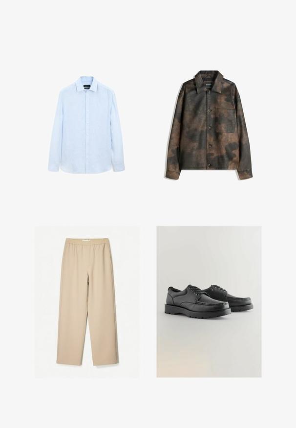 Brun och svart marmorering i konstläderjacka med knappar fram, bröstficka och utfälld krage, liggande platt på vit bakgrund.; Ljusblå långärmad skjorta med knappar, tillverkad av strukturerad tyg; har en klassisk krage och knappslå, med en något avslappnad passform.; Beige vida byxor med elastiskt midjeband, tillverkade av mjukt tyg, med en slät yta och minimala sömnadsdetaljer.; Svarta läderskor med strukturerad ovandel, rund tå, snörningsdesign och tjocka gummisulor med mönstrad sula.