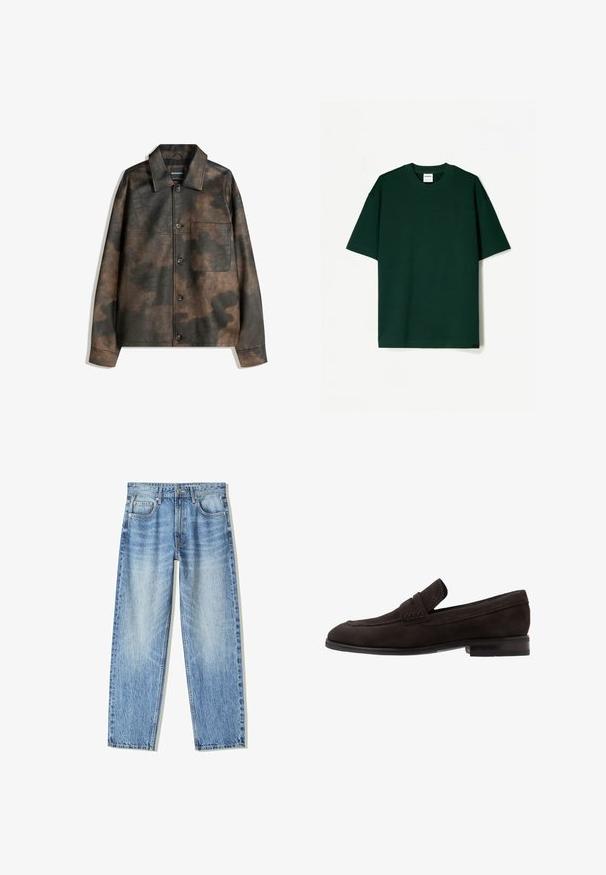 Braun und schwarz marmorierte Kunstlederjacke mit Knöpfen auf der Vorderseite, Brusttasche und spitzem Kragen, flach auf weißem Hintergrund ausgelegt.; Dunkelgrünes T-Shirt mit kurzen Ärmeln aus glattem Baumwollstoff, mit Rundhalsausschnitt und geradem, lässigem Schnitt.; Helle blaue Denim-Jeans mit lockerem Schnitt, geradem Bein-Design, fünf Taschen und verblasster Textur. Enthält einen Frontknopf- und Reißverschluss.; Dunkelbraune Wildleder Slipper mit flacher Sohle, einem gesteppten Akzent entlang der Kante und einem kleinen, erhobenen Band an der Vorderseite.