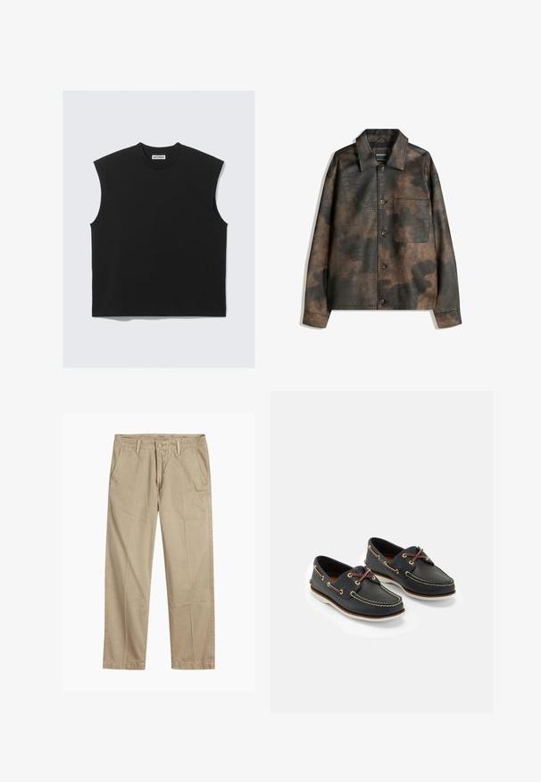 Brun och svart marmorering i konstläderjacka med knappar fram, bröstficka och utfälld krage, liggande platt på vit bakgrund.; Svart ärmlös topp i mjukt bomullstyg, med rund halsringning och en boxig silhuett med rena kanter.; Beige rak ben chinos med bälteshällor, framknapp och dragkedja, samt snedställda framfickor.; Marina läderbåtskor med gul sömnad, röda snören och silverfärgade ögla; rund tå; vit gummisula.