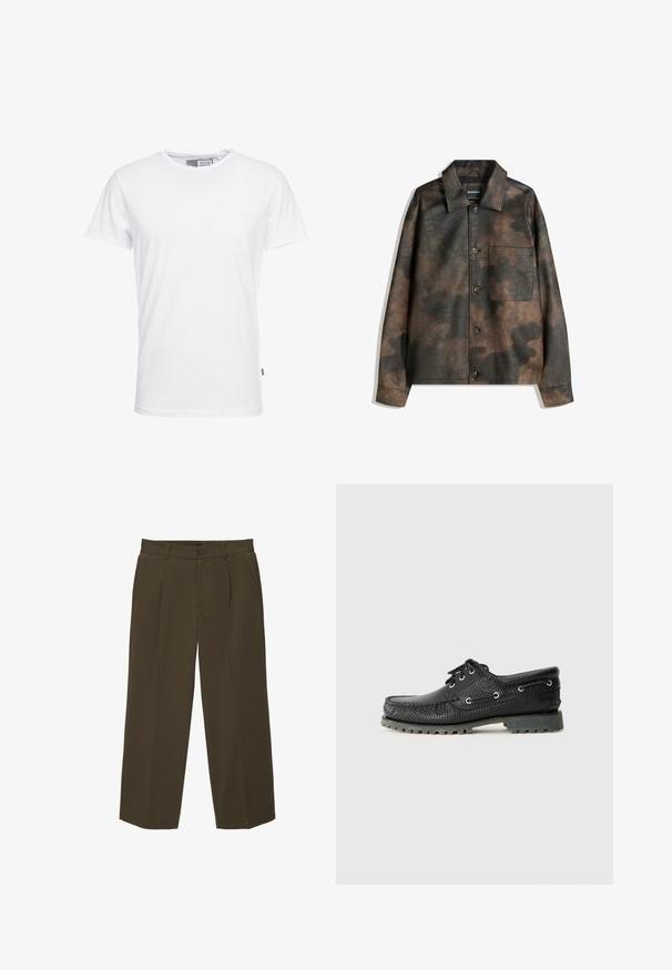 Bruin en zwart gemêleerd faux leren jack met knopen aan de voorkant, borstzak en een gespreide kraag, plat gelegd op een witte achtergrond.; Solid SDGAYLIN - T-shirt basic - white; Bruine, losse vouwbroek gemaakt van zachte stof met een vlakke voorkant, zijzakken en een knoopsluiting in de taille. Eenvoudig ontwerp zonder patronen.; Zwarte, gestructureerde veterschoen met een ronde neus, metalen veterogen en een robuuste grijze rubberen zool. Heeft een geweven patroon op het bovenwerk.