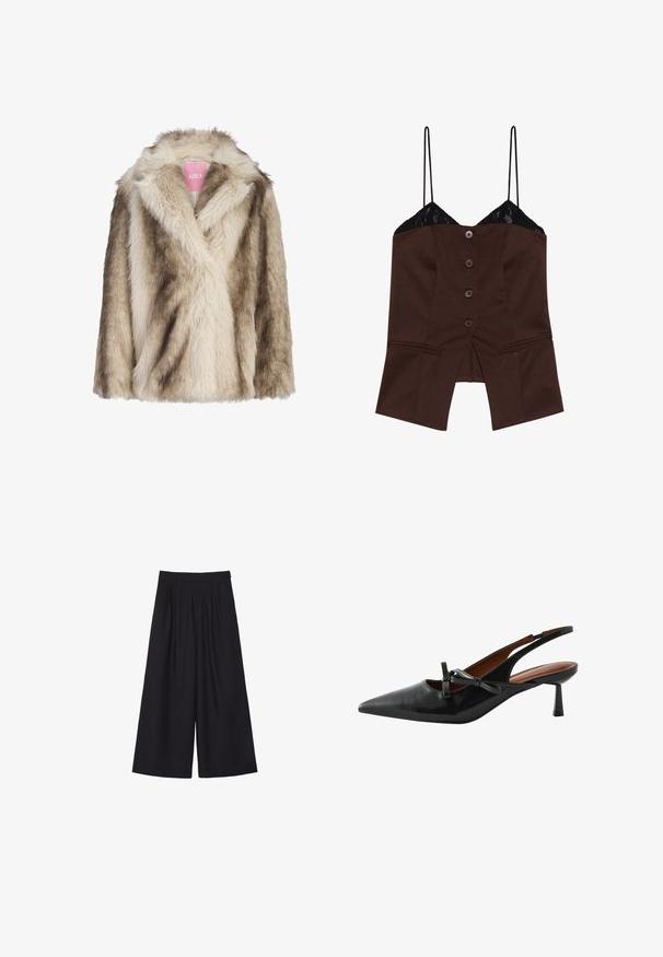Faux fur coat in cream and light brown hues, featuring a shawl collar and a soft, textured surface. Label visible on the inside.; Brown fitted top with lace trim, spaghetti straps, and five front buttons; features a split hem and a tailored design.; Black wide-leg trousers with pleats, crafted from a smooth fabric. Features a high waist and a clean, tailored cut.; Black leather slingback heels with a pointed toe, small bow detail, and a tapered heel. Smooth texture and minimalistic design.