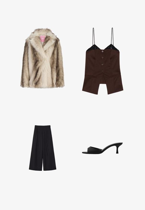Faux fur frakke i creme- og lys brun nuancer, med en sjalkrave og en blød, tekstureret overflade. Etiket synlig indeni.; Brun fitted top med blondekant, spaghetti stropper og fem knapper foran; har en split lumme og et skræddersyet design.; Sorte vide bukser med draperinger, lavet af et glat stof. Har høj talje og et rent, skræddersyet snit.; Sorte hælede mules med en bred åben tå og en buet overdel. Fremstillet af tekstureret stof, med en slank hæl og en glat sål.