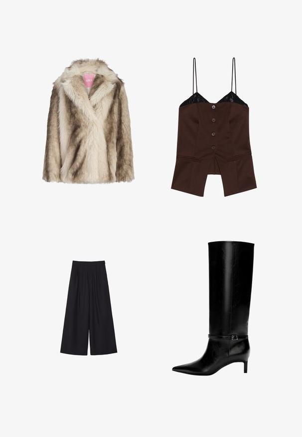 Kreatura futrzana w odcieniach kremu i jasnego brązu, z kołnierzem typu szal i miękką, teksturowaną powierzchnią. Metka widoczna od wewnątrz.; Brązowy dopasowany top z koronkowym wykończeniem, ramiączkami na spaghetti i pięcioma guzikami z przodu; cechuje się rozciętym dołem i dopasowanym krojem.; Czarne spodnie o szerokich nogawkach z plisami, wykonane z gładkiego materiału. Posiadają wysoki stan oraz czystą, dopasowaną sylwetkę.; Czarne skórzane wysokie botki z ostrym noskiem i niskim obcasem. Posiadają wąski pasek z metalową klamrą wokół kostki. Gładka tekstura.