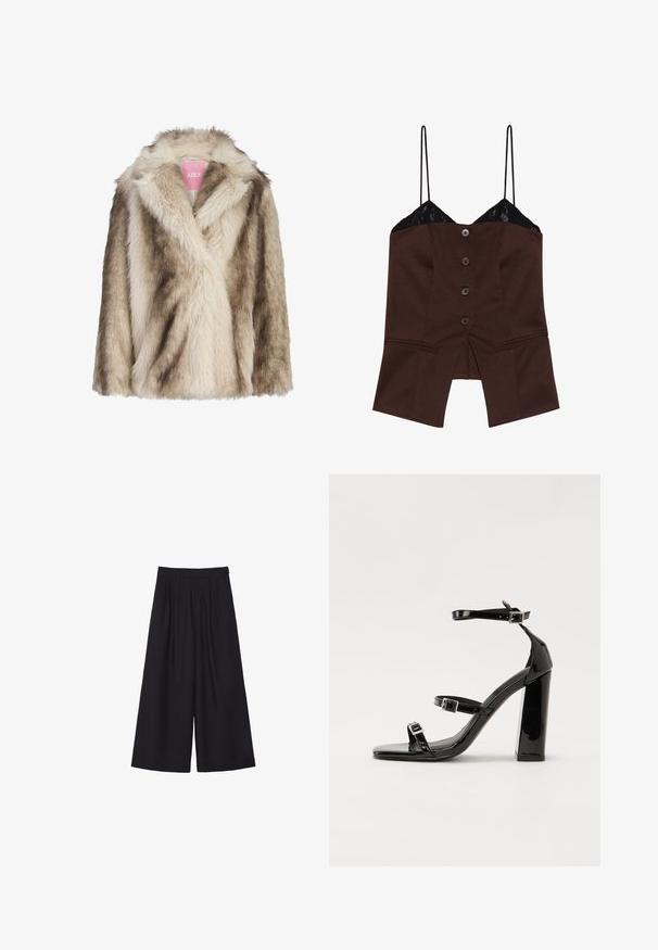 Tekoturkistakki vaalean beigen ja vaaleanruskean sävyissä, jossa on shaali-kaulus ja pehmeä, tekstuurinen pinta. Tagi näkyvissä sisäpuolella.; Ruskea muotoiltu toppi, jossa on pitsireunat, spagettiolkaimet ja viisi etunappia; siinä on halkiot helmassa ja se on muotoiltu.; Mustat leveälahkeiset housut, joissa on laskokset, valmistettu sileästä kankaasta. Omaavat korkeavyötäröisen siluetin ja siistin, muotonsa pitävän leikkauksen.; Musta kiiltävä korkokenkä sandaalit neliönmuotoisella varpaalla, nilkkaremmillä ja hopeisilla soljilla. Varustettu tukevalla lohkokorkealla vakauden takaamiseksi.