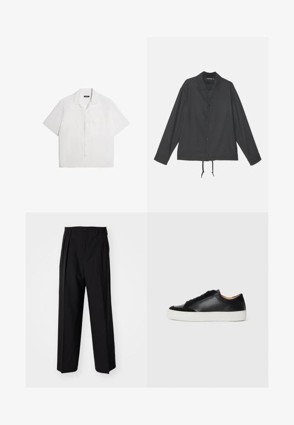 J.LINDEBERG CELIAN COACH OVERSHIRT - Lehká bunda - black; Bílé tričko s krátkým rukávem, měkká textilie, knoflíková přední část, rozšířený límec, jednouchá náprsní kapsa, volný styl. Hladké, bez vzorů.; Černé skládací kalhoty s rovnými, širokými nohavicemi. Vyrobené z hladké tkaniny, se zapínáním na knoflík a poutky na opasek.; Černé kožené tenisky s semišovými akcenty, kulatá špička, plochá bílá gumová podrážka a kontrastní textury na těle a tkaničkách.