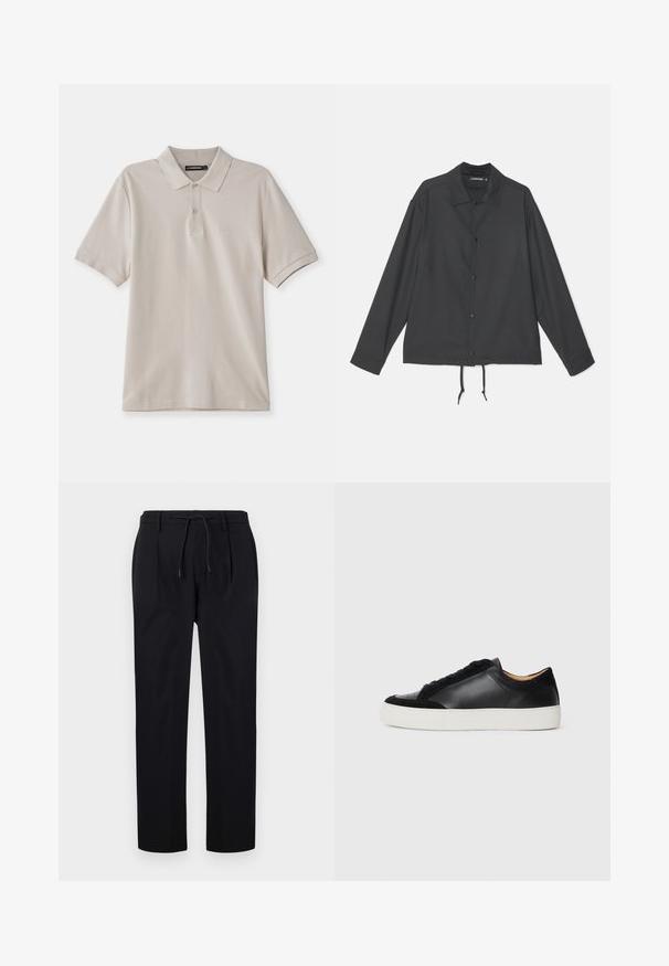 J.LINDEBERG CELIAN COACH OVERSHIRT - Let jakke / Sommerjakker - black; Beige polo skjorte lavet af bomuld, med klassisk krave, korte ærmer og et diskret broderet logo på venstre bryst.; Sorte bukser lavet af glat stof, med snor i taljen, lige ben og frontfolder for et struktureret udseende.; Sort lædersneaker med ruskindselementer, rund tå, flad hvid gummisål og kontrasterende teksturer på kroppen og snørebåndene.