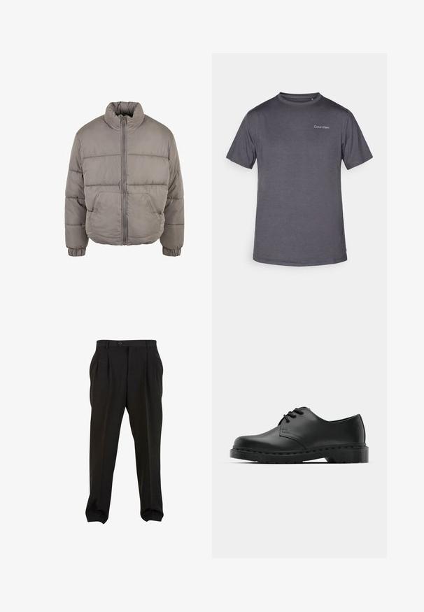 Padded gray bomber jacket with high collar, front zip closure, and elastic cuffs. Two front pockets and quilted sections for texture.; Gray short-sleeve t-shirt made of smooth fabric, featuring a crew neck and a subtle Calvin Klein logo printed in white on the chest.; Black trousers with a smooth fabric, featuring front pleats, a button waistband, and tapered ankle cuffs. Classic tailored silhouette.; Black leather oxford shoe with lace-up design, rounded toe, flat rubber sole, and subtle stitching detail along the upper.