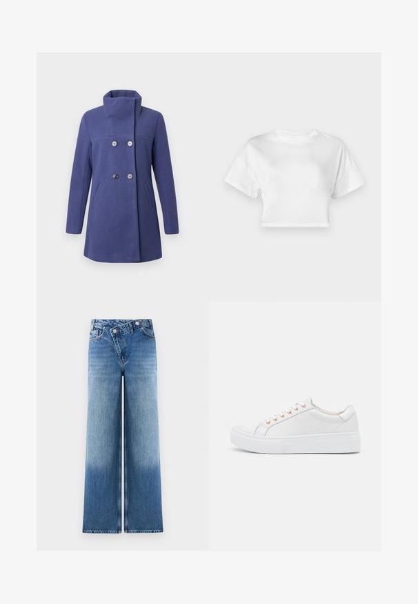 Dobbeltradet lilla frakk med høy krage, laget av et teksturert stoff. Den har to sidelommer og sølvknapper.; Hvit cropped t-skjorte laget av bomull. Korte ermer, rund utringning, glatt tekstur, uformell design uten mønstre eller utsmykninger.; Lyseblå vide jeans med en falmet vask, som har et klassisk fem-lomme-design og metalknap-detaljer ved livet.; Hvit sneaker med glatt lærøvre, rund tå og tykk hvit såle. Har seks gullhull til snøring og diskret sidebroderi.