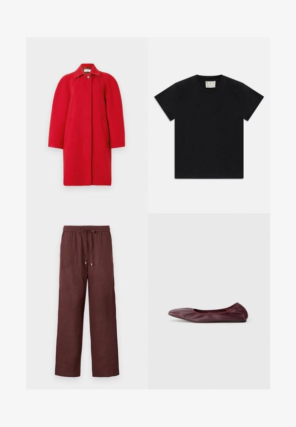 Red wool coat with a structured design, featuring a high collar, front button closure, and two side pockets. Smooth texture, elbow-length sleeves.; Black short-sleeve crew neck t-shirt with a white tag inside the collar labeled "D.R.C. EST. 2002" on a white background.; Burgundy wide-leg pants made of lightweight fabric, featuring an elastic waistband with a drawstring and no visible pockets.; Ballet flat in deep burgundy leather, featuring a rounded toe, elasticized rim, and smooth texture with subtle pleating detail.
