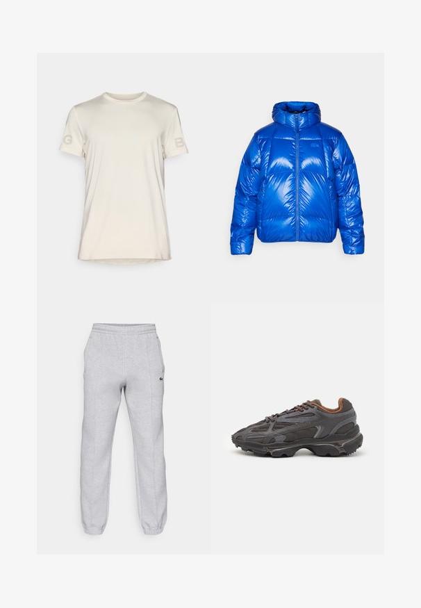 Chaqueta inflable azul con un acabado brillante, cuello alto, cierre frontal de cremallera y secciones acolchadas. Presenta un logotipo en el pecho.; Björn Borg Camiseta estampada - birch; Lacoste Pantalones deportivos - silver chine; Zapatillas Lacoste en gris oscuro con material de malla y sintético, que cuentan con una suela texturizada y detalles en marrón en el cuello y la marca.