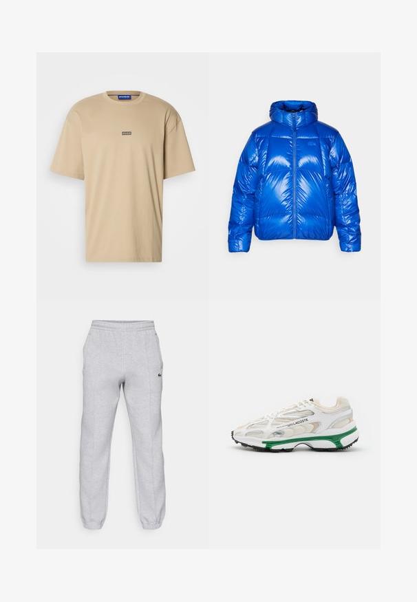 Niebieska kurtka puchowa o błyszczącej powierzchni, z wysokim kołnierzem, zamkiem błyskawicznym z przodu i ocieplanymi sekcjami. Posiada logo na piersi.; HUGO NALONO taupe; Lacoste - Spodnie treningowe; Biały sneaker z zielonym akcentem i czarną gumową podeszwą. Posiada panelowe wstawki z siateczki i syntetyku, z fakturowanym wykończeniem oraz widocznym przeszyciem.