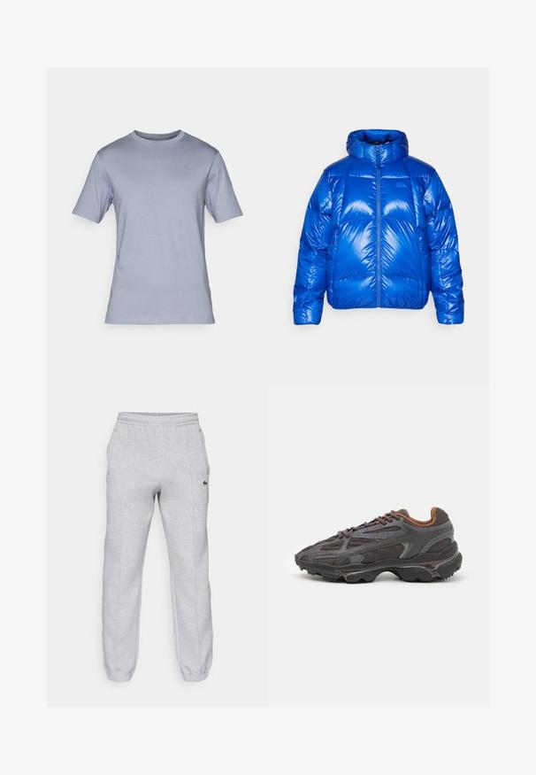 Blue puffer jacket with a glossy finish, high collar, front zip closure, and padded sections. Features a logo on the chest.; DRYKORN RAPHAEL - Basic T-shirt - blau; Lacoste Tracksuit bottoms - silver chine; Lacoste sneakers in dark gray with mesh and synthetic material, featuring a textured sole and brown accents on the collar and branding.