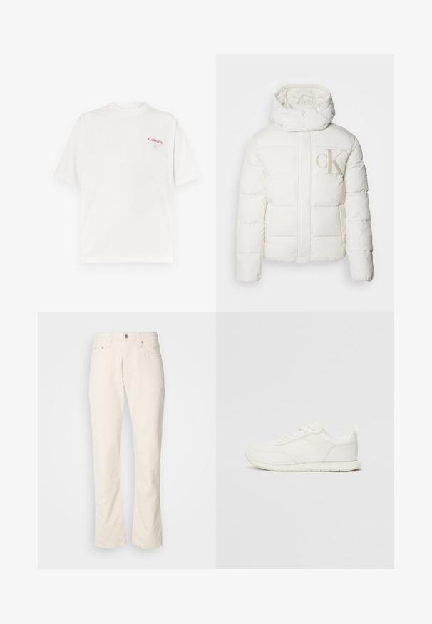 Biała kurtka puchowa z wysokim kołnierzem i kapturem. Posiada pikowane sekcje oraz duże beżowe logo "CK" z przodu. Gładka faktura.; Biała bawełniana koszulka z okrągłym dekoltem, krótkimi rękawami i czerwonym logo na lewej piersi, charakteryzująca się gładką fakturą i luźnym krojem.; Beżowe dżinsy bawełniane o klasycznym prostym kroju, z zapinaniem na guzik z przodu, pięcioma kieszeniami i subtelnymi detalami przeszycia.; Białe trampki z siateczkową i syntetyczną cholewką, okrągłym noskiem, płaskimi sznurowadłami oraz teksturowanym paskiem bocznym. Gumowa podeszwa z pętelką z tyłu.