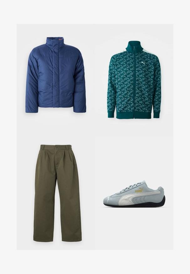 Marineblauwe pufferjack met een hoge kraag, voorritssluiting en gewatteerde textuur. Heeft een logo op de linkerkant van de borst.; Teal ritsjack met een herhalend logo patroon, ribgebreide kraag en manchetten, met witte accenten langs de schouders.; Witte lange mouwen T-shirt van katoen. Ronde hals ontwerp met ribgebreide manchetten en een klein logo op de linkermouw. Gladde textuur.; Olijfgroene katoenen broek met een rechte snit, voorplooien en een knoopsluiting bij de taille. Geen zichtbare zakken.; Lichtblauwe suède sneaker met witte accenten, gestructureerd zijdesign, zwarte rubberen zool en gouden logo. Ontworpen voor casual gebruik.