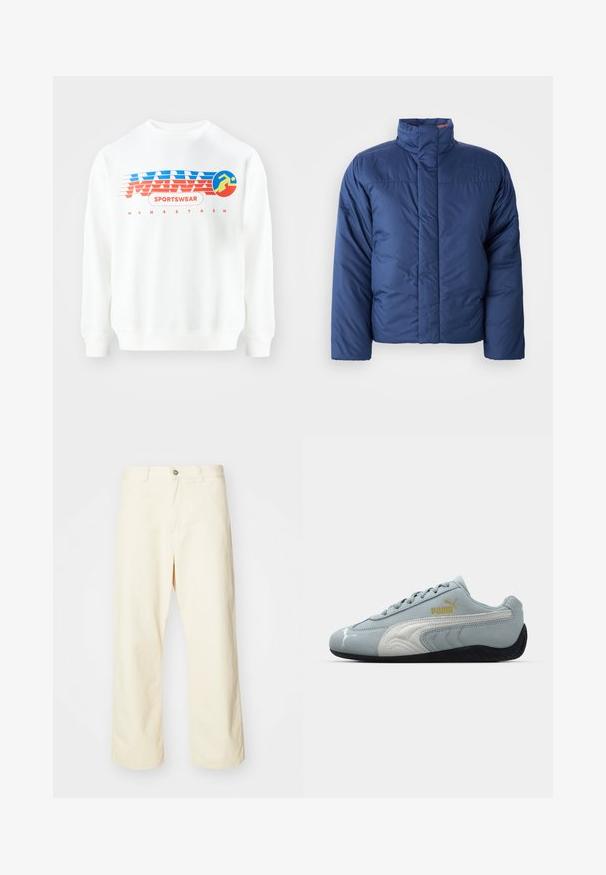 Tamno plava pufasta jakna s visokim ovratnikom, prednjim zatvaračem i kocenim uzorkom. Sadrži logo na lijevoj strani prsnog dijela.; Bjela majica s crvenim i plavim grafičkim dizajnom. Sadrži tekst "SPORTSWEAR" i kružni simbol trkača. Klasičan kroj, dugi rukavi.; Krem-bijele široke hlače od pamuka s kopčom na dugme, petljama za remen i prošivenim rubom. Glatka tekstura, bez vidljivih uzoraka.; Svijetloplave odlate tenisice s bijelim detaljima, teksturiranim bočnim dizajnom, crnim gumiranim potplatom i zlatnim logotipom. Dizajnirane za svakodnevno nošenje.