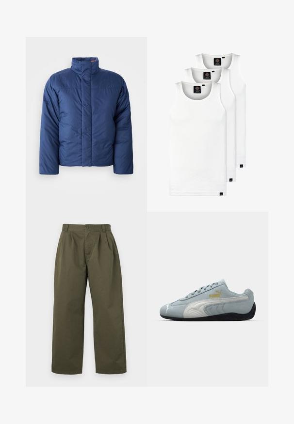 Tamsiai mėlynas pūkuotas švarkas su aukštu apykakle, priekyje užtrauktuku ir siuvinėta tekstūra. Kairėje krūtinės pusėje yra logotipas.; Trys balti, dryžuoti marškiniai be rankovių, pagaminti iš medvilnės. Yra apvalus kaklas ir maži juodi etiketės netoli siūlės. Siūlomi įvairių dydžių.; Alyvuogių žalios spalvos medvilninės kelnės, su tiesiu kirpimu, priekinėmis klostėmis ir mygtukiniu užsegimu juosmenyje. Matomų kišenių nėra.; Šviesiai mėlynos suknelės sportbačiai su baltais akcentais, tekstūruotu šoniniu dizainu, juodu guminio pado ir auksiniu logotipu. Sukurti kasdieniam nešiojimui.