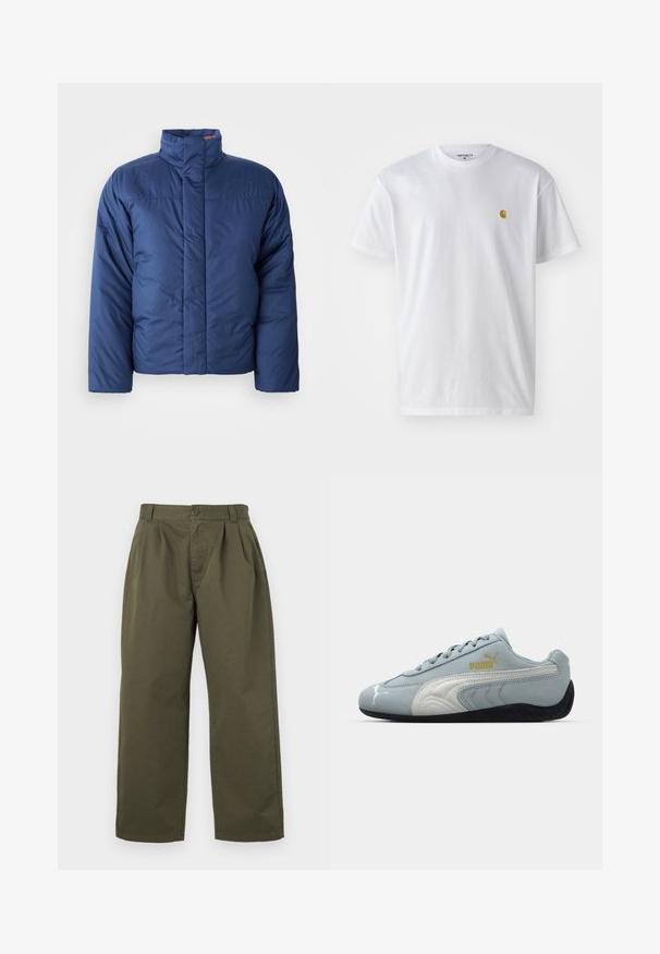 Marineblå boblejakke med høyt krage, frontlås med glidelås og quiltet tekstur. Har logo på venstre brystområde.; Hvit bomull t-skjorte med korte ermer, rund hals, med en liten gulllogo på venstre brystområde. Myk tekstur og vanlig passform.; Olivengrønne bomullsbukser med rett snitt, frontfolder og knapper foran i livet. Ingen synlige lommer.; Lys blå semsket sneakers med hvite detaljer, teksturert sidedesign, svart gummisåle og gulllogo. Designet for hverdagsbruk.