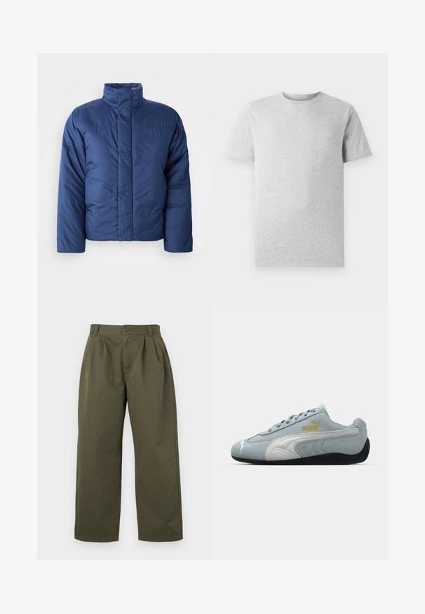 Marineblauer Daunenjacke mit hohem Kragen, vorderem Reißverschluss und gestepptem Design. Mit Logo auf der linken Brustseite.; Ein einfarbiges, hellgraues T-Shirt mit kurzen Ärmeln und Rundhalsausschnitt, auf einem weißen Hintergrund, Frontansicht, ohne sichtbare Logos oder Designs.; Olivgrüne Baumwollhosen mit geradem Schnitt, vorderen Falten und einem Knopfverschluss in der Taille. Keine sichtbaren Taschen.; Hellblaue Wildledersneaker mit weißen Akzenten, strukturiertem Seitendesign, schwarzer Gummisohle und goldenem Logo. Entworfen für Freizeitbekleidung.