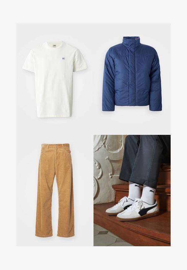 Chaqueta acolchada azul marino con cuello alto, cierre frontal de cremallera y textura acolchada. Presenta un logo en el área del pecho izquierdo.; Camiseta de algodón blanca con cuello redondo y mangas cortas. Presenta un pequeño logotipo rectangular en púrpura y azul de Lee en el lado izquierdo del pecho.; Pantalones de pana de pierna ancha en color marrón claro. Presentan costillas verticales texturizadas, con una cinturilla estándar y dos bolsillos frontales.; Zapatillas Puma en gamuza blanca y negra, con una suela de goma marrón. Combinadas con calcetines blancos que muestran un logo negro, llevados con pantalones oscuros.