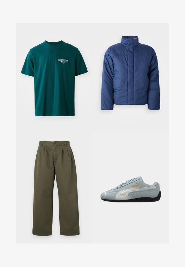 Navy blue puffer jacket with a high collar, front zip closure, and quilted texture. Features logo on the left chest area.; Teal cotton t-shirt featuring short sleeves and a crew neck. Includes white "Carhartt WIP" logo on the left chest. Simple design, straight cut.; Olive green cotton trousers, featuring a straight cut, front pleats, and a button closure at the waist. No visible pockets.; Light blue suede sneaker with white accents, textured side design, black rubber sole, and gold logo. Designed for casual wear.