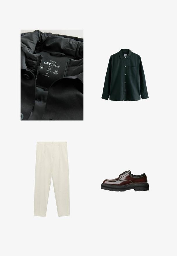 Mustapaita, jossa on sileä, mattapinta ja nailonvuori, merkattu "NEXT DRYTECH", koko M. Sisältää fleecevuoratut taskut.; Tummanvihreä napitettava paita, jossa on kaulus, pitkät hihat ja yksi rintatasku; siinä on valkoiset napit ja pehmeä tekstuuri.; Harmaa beige, suoratlahkeiset housut, jotka on valmistettu pehmeästä kankaasta. Niissä on korkea vyötärö, etupurmujat, napin suljenta ja sivutaskut.; Tummanruskea kiillotettu nahkasaapas, jossa on paksu musta kumipohja ja pehmustettu musta kaulus, sivuprofiili valkoista taustaa vasten.