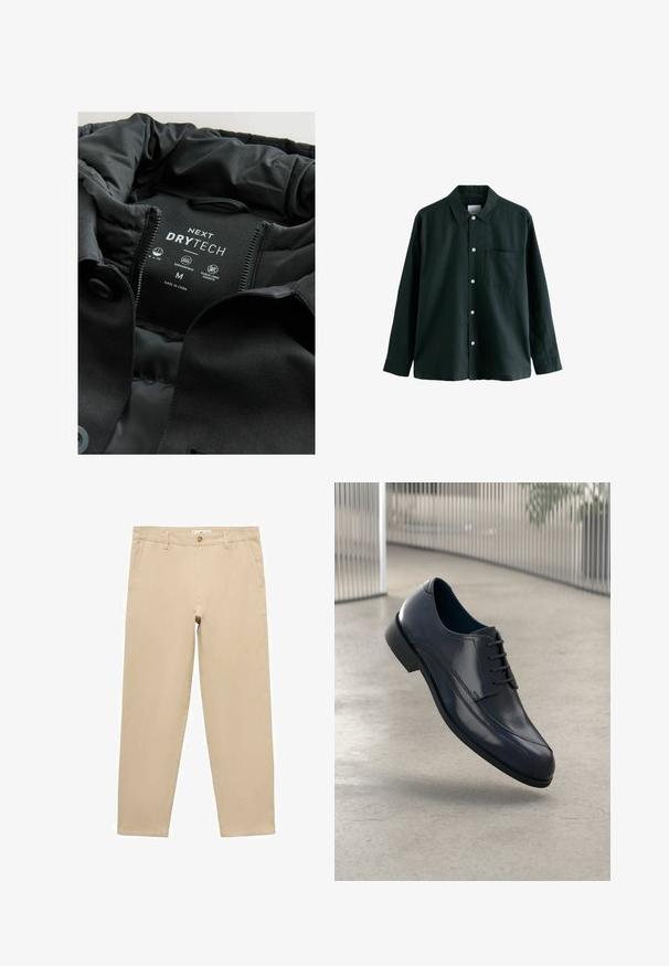 Svart jacka med en slät, matt yta och ett nylonfoder, märkt "NEXT DRYTECH", storlek M. Inkluderar fickor med fleecefoder.; Mörkgrön skjorta med knappar, krage, lång ärm och en enda bröstficka; har vita knappar och en mjuk textur.; Beiga bomullschinos i rak modell, med knäppning fram, bälteshällor och två sidofickor. Slät textur.; Glansig svart läderklädd sko med snörning, svävande över ett slätt, ljusgrått golv och vertikala metallstänger i bakgrunden.