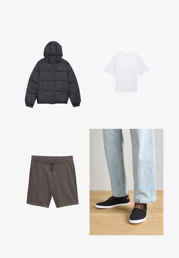 Přefouknutá bunda v tmavě šedé barvě se zipovým uzávěrem, kapucí, dvěma předními kapsami, elastickými manžetami a prošívanými puffkami vytvářejícími strukturu. Logo na hrudi.; Bílý krátký rukáv tričko vyrobené z bavlny. Uvolněný střih s kulatým výstřihem. Hladká textura a žádné viditelné vzory či akcenty.; Šedé šortky z bavlněné směsi s elastickým páskem, stahovací šňůrou, dvěma postranními kapsami a malým logem na předním levém lemu.; Černé plátěné tenisky s hnědými detaily, bílé gumové podrážky a hnědé tkaničky, v kombinaci s světle modrými džíny rovného střihu. Pozadí tvoří dřevěná podlaha.