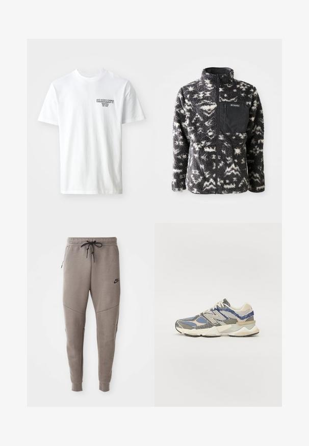 Fleece jacket with a black and white abstract pattern, high collar, full front zipper, and a chest pocket in black fabric.; White cotton t-shirt with a crew neckline. Features small blue text logo “CARHARTT WIP” on the left chest. Classic fit, short sleeves.; Gray Nike sweatpants with a drawstring waistband, tapered legs, side pockets, and distinct seam detailing. Soft, textured fabric.; Gray and blue sneaker with a textured upper, featuring mesh and synthetic materials, a chunky sole, and a white and beige accent.