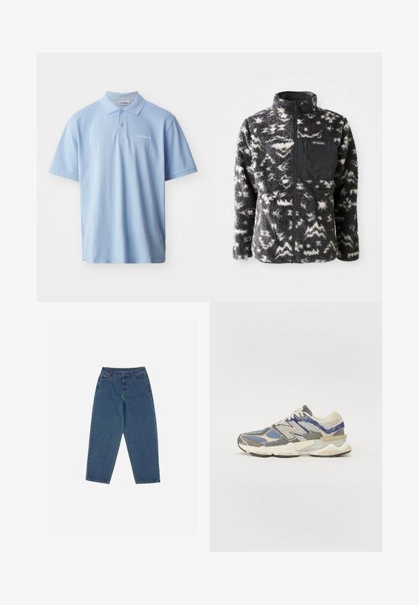 Veste en polaire avec un motif abstrait noir et blanc, col haut, fermeture éclair sur toute la longueur à l'avant et poche poitrine en tissu noir.; Polo en coton bleu clair avec manches courtes, patte de boutonnage à trois boutons et logo brodé sur la poitrine gauche. Texture lisse.; Jean en denim bleu avec une coupe décontractée, taille haute, design à cinq poches et accents de couture. Dispose d'une fermeture par bouton et fermeture éclair.; Sneaker gris et bleu avec une tige texturée, comprenant des matériaux en maille et synthétiques, une semelle épaisse, et des accents blancs et beiges.