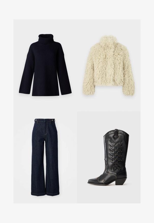 Kreminės faux fur striukės su aukštu apykaklė, kvadratinė forma, tekstūruotas paviršius ir ilgos rankovės. Pasižymi švelnia, pūkuota išvaizda.; Tamsiai mėlynas golfas su kontrastinga tekstūra, plačiais rankovėmis ir atsipalaidavusiu siluetu. Minkšta medžiaga ir minimalistinis dizainas.; Tamsiai mėlynos plačios kojos džinsai, pagaminti iš džinsinio audinio, su aukštu liemeniu, penkių kišenių dizainu ir kontrastingomis oranžinėmis siūlėmis.; Juodos odinės kaubojiškos botai su smailiu nagu, dekoratyvine siuvinėjimu ir aukso atspalvio sagučiais palei pado kraštą. Mažas blokinis kulnas.