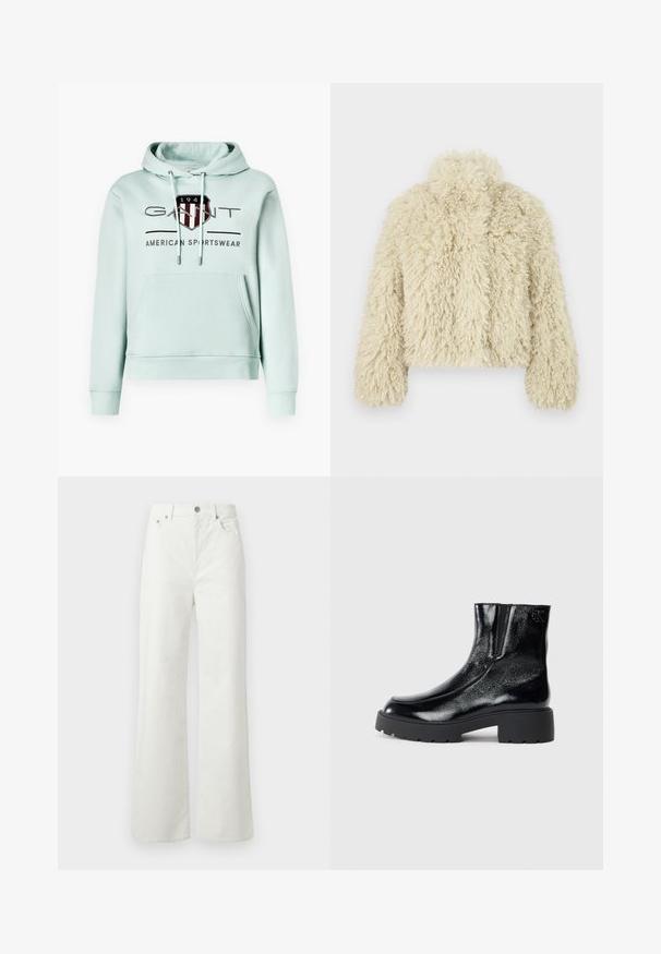 Giacca in pelliccia sintetica colore avorio con colletto alto, forma squadrata, superficie testurizzata e maniche lunghe. Presenta un aspetto morbido e soffice.; Hoodie verde menta chiaro in morbido cotone, con tasca frontale, corde regolabili e un logo prominente con accenti rossi e blu.; Samsøe Samsøe SHELLY - Jeans baggy - clear cream; Stivali neri alla caviglia con una finitura in pelle laccata lucida, suola in gomma nera spessa e tacco rialzato; include un discreto dettaglio del logo sul lato.
