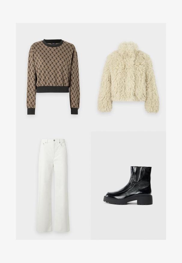 Kreminės faux fur striukės su aukštu apykaklė, kvadratinė forma, tekstūruotas paviršius ir ilgos rankovės. Pasižymi švelnia, pūkuota išvaizda.; Kreiptas džemperis smėlio spalvos su juodu geometriniu raštu, tamsiai pilka elastinė apykaklė ir rankogaliai, pagamintas iš minkštos medžiagos.; Samsøe Samsøe SHELLY - Laisvo kirpimo džinsai - clear cream; Juodi kulkšniniai batai su blizgia lakuota oda, storu juodu guminio pado ir pakeltu kulnu; šone yra subtilus logotipo detalė.