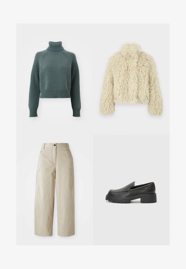 Elefántcsont színű műszőrméből készült kabát magas gallérral, doboz alakjával, texturált felületével és hosszú ujjú kivitelével. Puha és bolyhos megjelenése jellemzi.; Puhaszőttes garbós pulóver tompa türkiz színben. Bordázott mandzsetta és alj, rövidített fazon, valamint rakott részletekkel rendelkező raglán ujjakkal rendelkezik.; Beige, magas derekú, bő szárú nadrág gombos és cipzáras záródással, övhurkokkal és oldalzsebekkel, fehér háttér előtt.; Fekete bőr loafer cipők kerek orral, vastag, texturált talppal és minimális varrási részletekkel. Áramvonalas dizájn, látható fűzők vagy fém részek nélkül.
