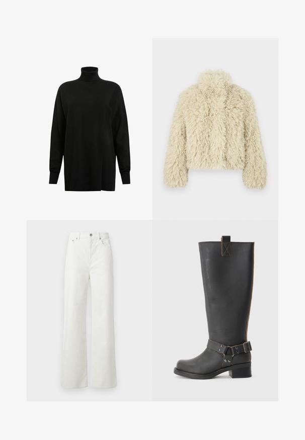 Kremowa kurtka z sztucznego futra z wysokim kołnierzem, prostokątnym krojem, teksturowaną powierzchnią i długimi rękawami. Posiada miękki, puszysty wygląd.; AllSaints BERN czarny; Samsøe Samsøe SHELLY mleczny; Czarne skórzane, wysokie do kolan botki o teksturowanym wykończeniu, wyposażone w akcent w postaci klamry z boku oraz niski obcas. Szczegółowe przeszycia wzdłuż szwów.