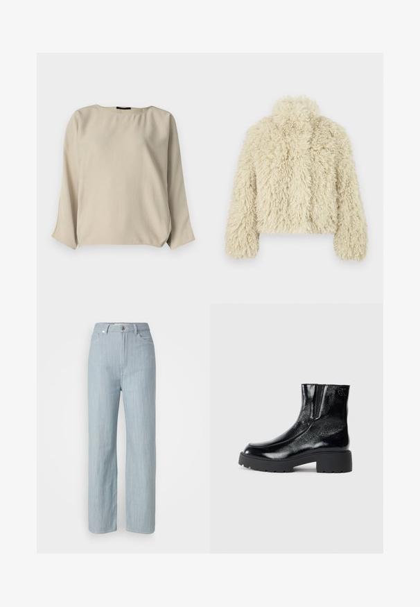 Elfenbenfaux pelsjakke med høj krave, firkantet form, struktureret overflade og lange ærmer. Har et blødt og fluffy udseende.; Lyse beige langærmet bluse med rund halsudskæring, afslappet pasform og let rynket sideløsning. Glat stof med en blød struktur.; Lysblå straight-leg jeans lavet af denim. Har fem lommer, en metal knaplukning og subtile slidser for tekstur.; Sorte ankelstøvler med en blank patentlæderfinish, chunky sort gummisål og hævet hæl; inkluderer subtilt logodetalje på siden.