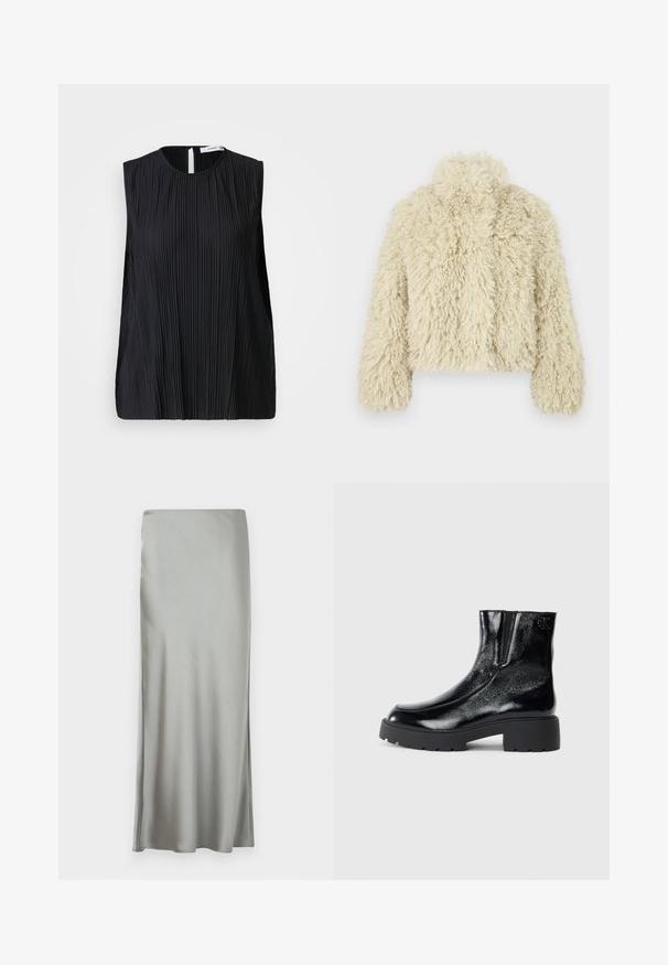Casaco de pelo sintético marfim com colarinho alto, forma boxy, superfície texturizada e mangas longas. Apresenta uma aparência suave e fofa.; Samsøe Samsøe UMA - Blusa - black; Saias maxi cinza-claro em cetim com uma textura suave e fenda lateral, desenhada com um corte reto para uma silhueta fluida.; Botas de tornozelo pretas com acabamento em pele envernizada brilhante, sola de borracha preta robusta e salto elevado; inclui um detalhe discreto do logótipo na lateral.